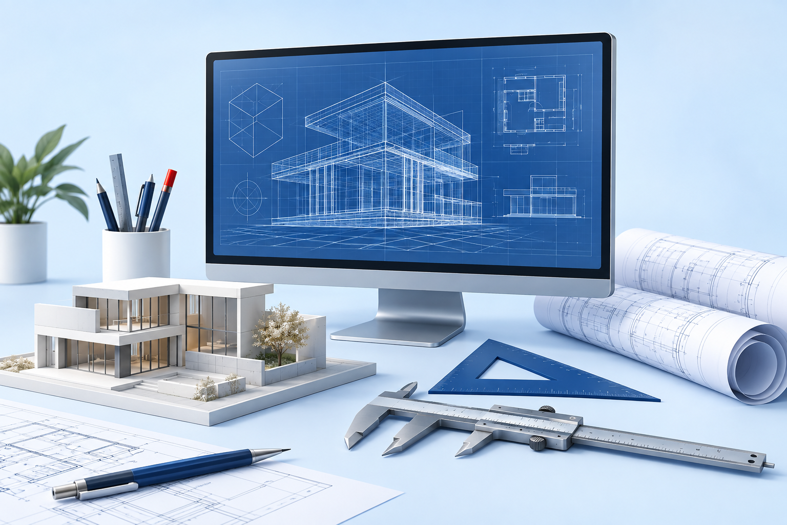 AutoCAD 도면 작성과 설계 도구를 표현한 이미지