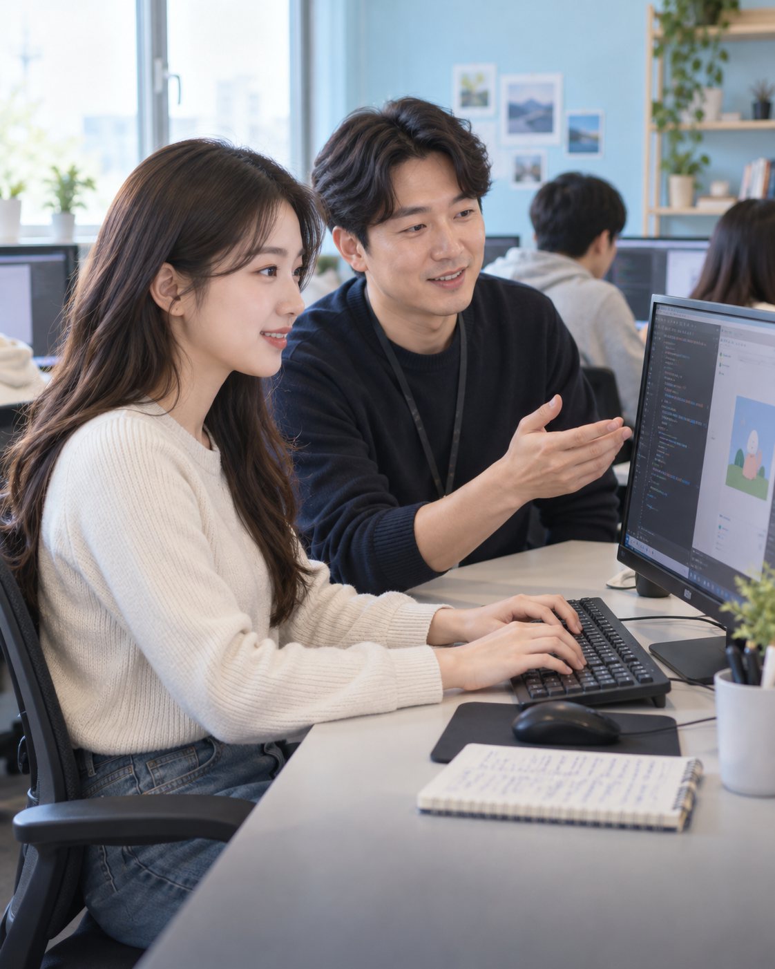 강사와 함께 컴퓨터 코딩 프로젝트를 실습하는 학습 분위기 예시